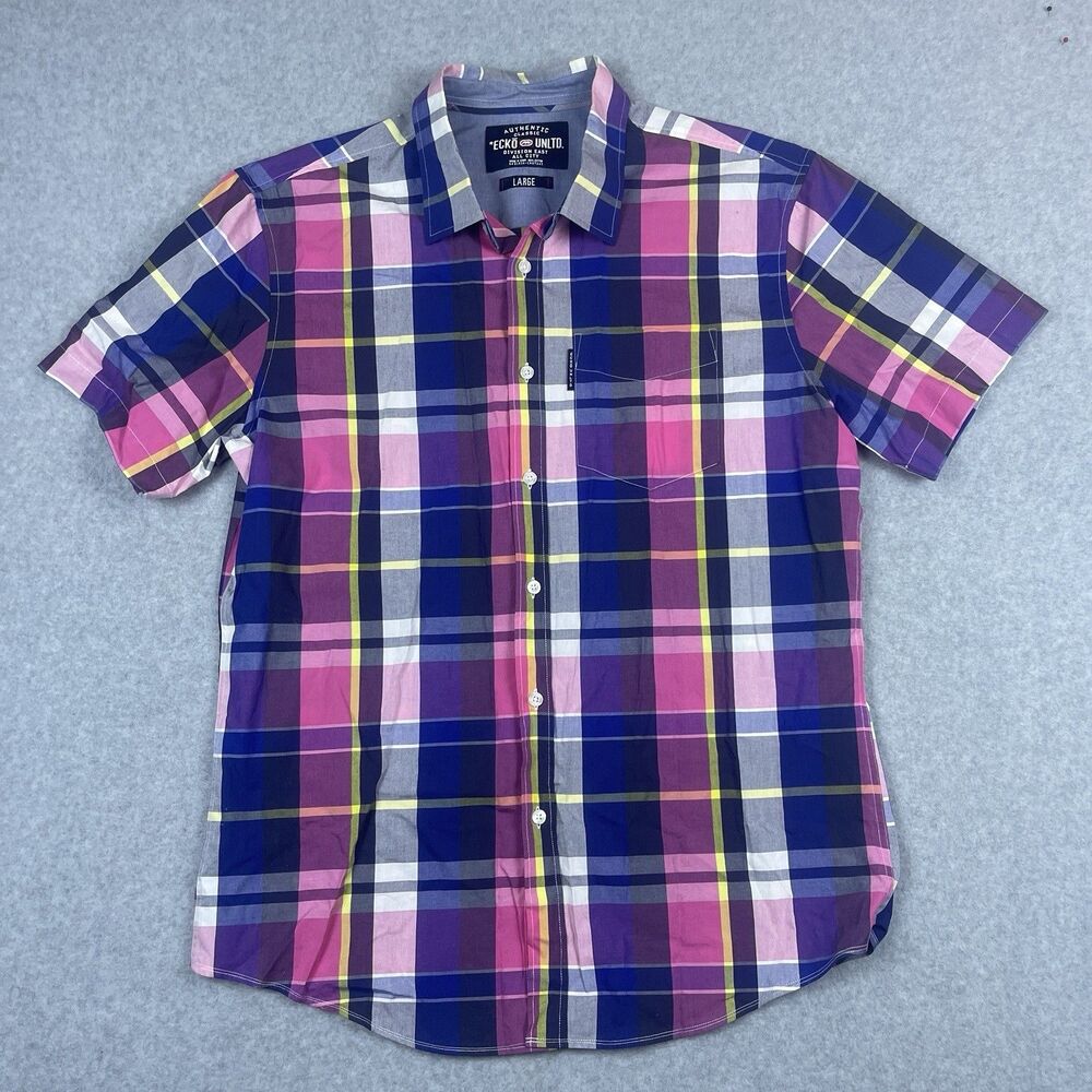 ECKO UNLTD Men's Large Multicolor Plaid Short Sleeve Button Up Shirt Cotton Y2K